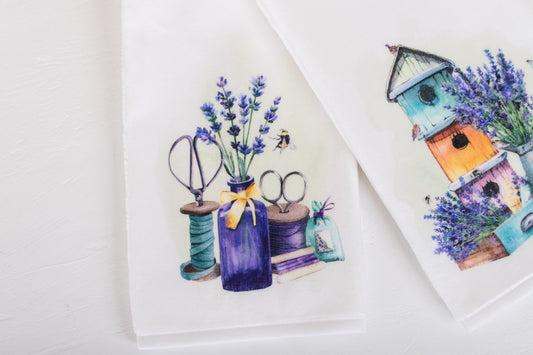 Lavender print towel folded on counter