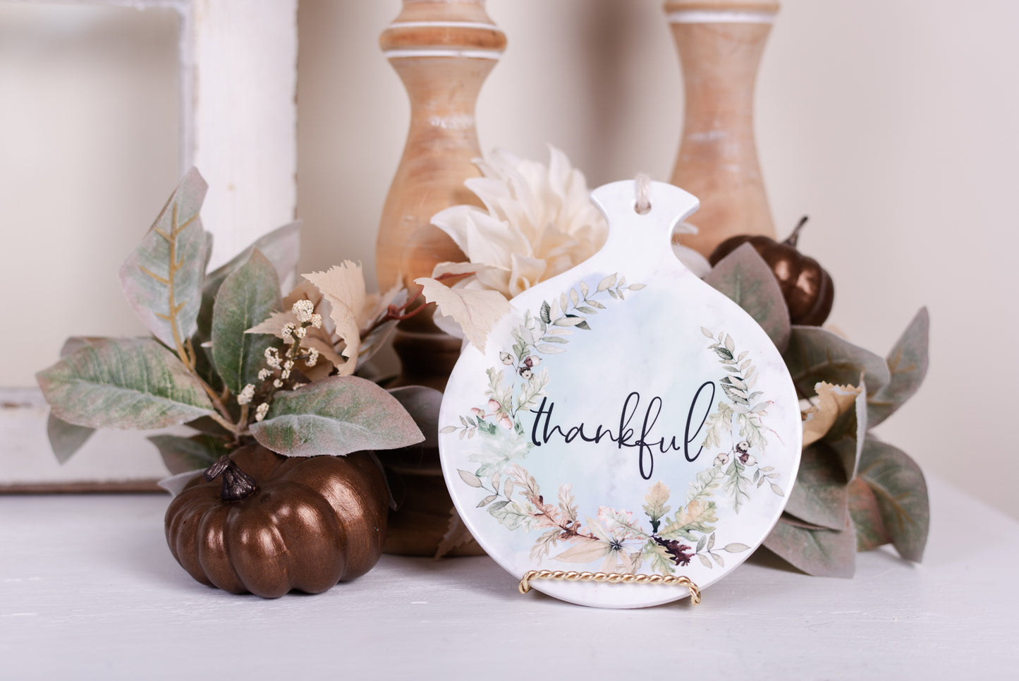 Thankful round trivet with watercolor fall wreath and botanical accents
