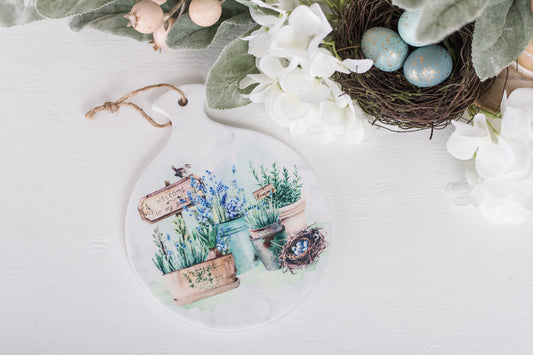 “Welcome to my garden” ceramic spoon rest styled with lamb’s ear