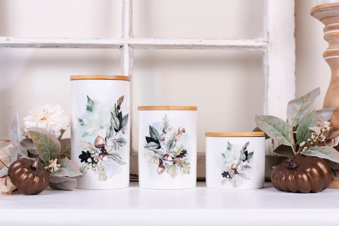 set of 3 fall bathroom jars with leaves and acorns in a neutral colour