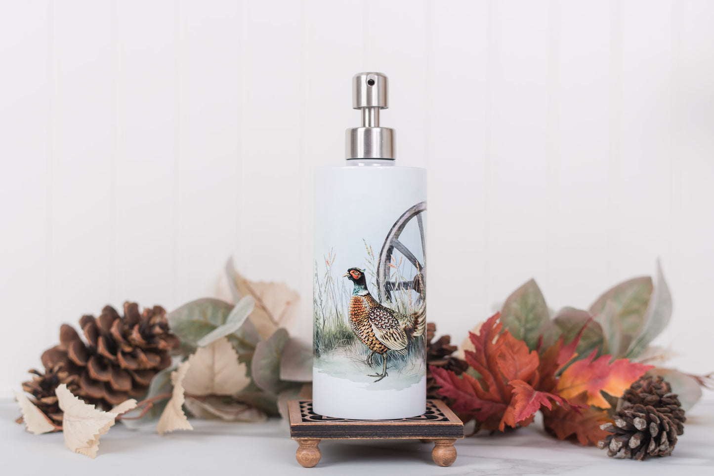 Heritage Collection ceramic soap dispenser with pheasant watercolor artwork