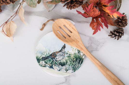 Spoon rest styled by farmhouse stove with rustic heritage artwork