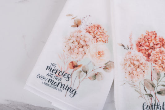 Autumn floral hand towel with “His mercies are new every morning” design
