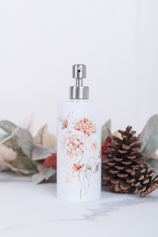 Spicy Floral stainless steel soap dispenser with blush & cream hydrangeas