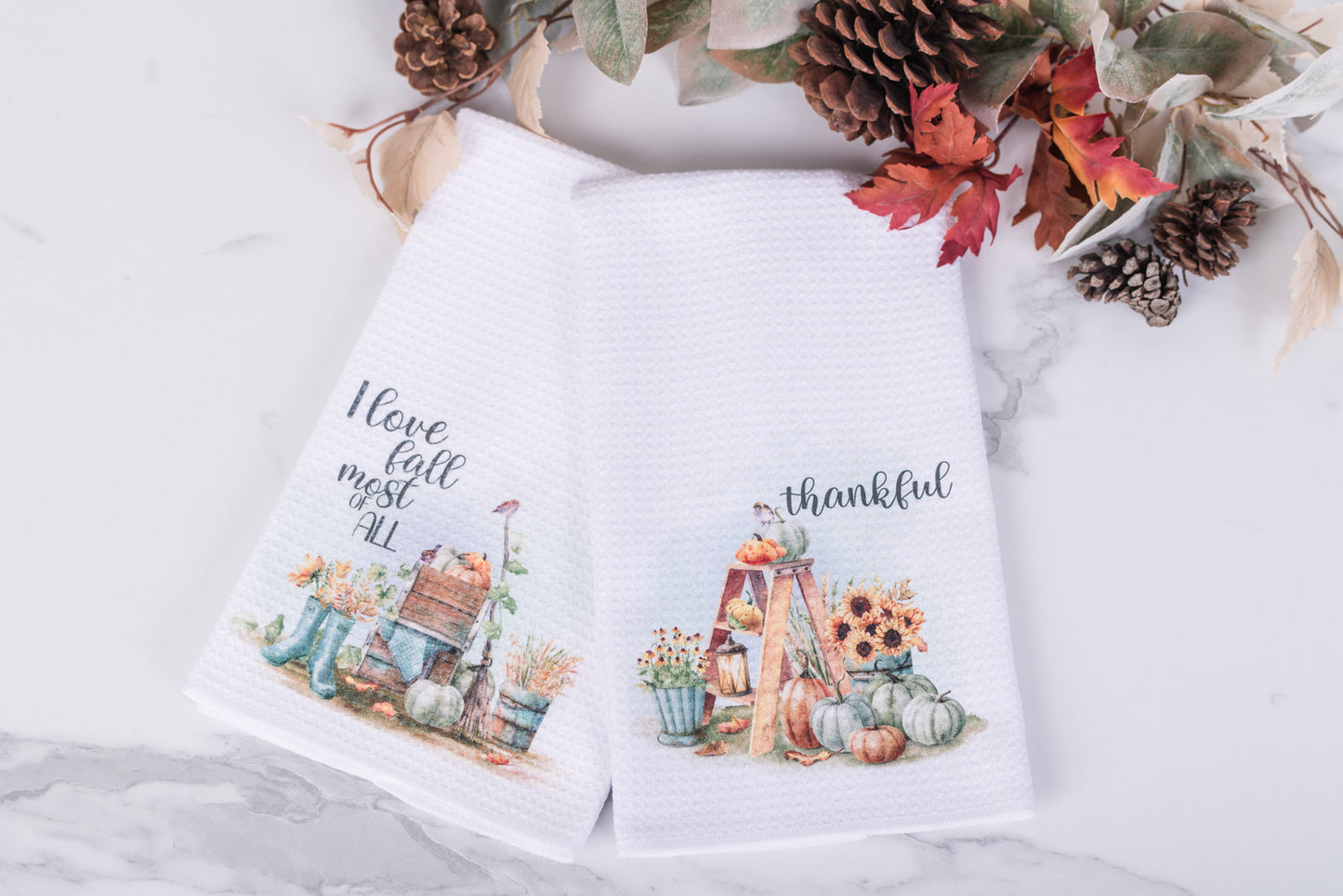 Pumpkin Patch Tea Towels – “I Love Fall Most of All” / “Thankful”