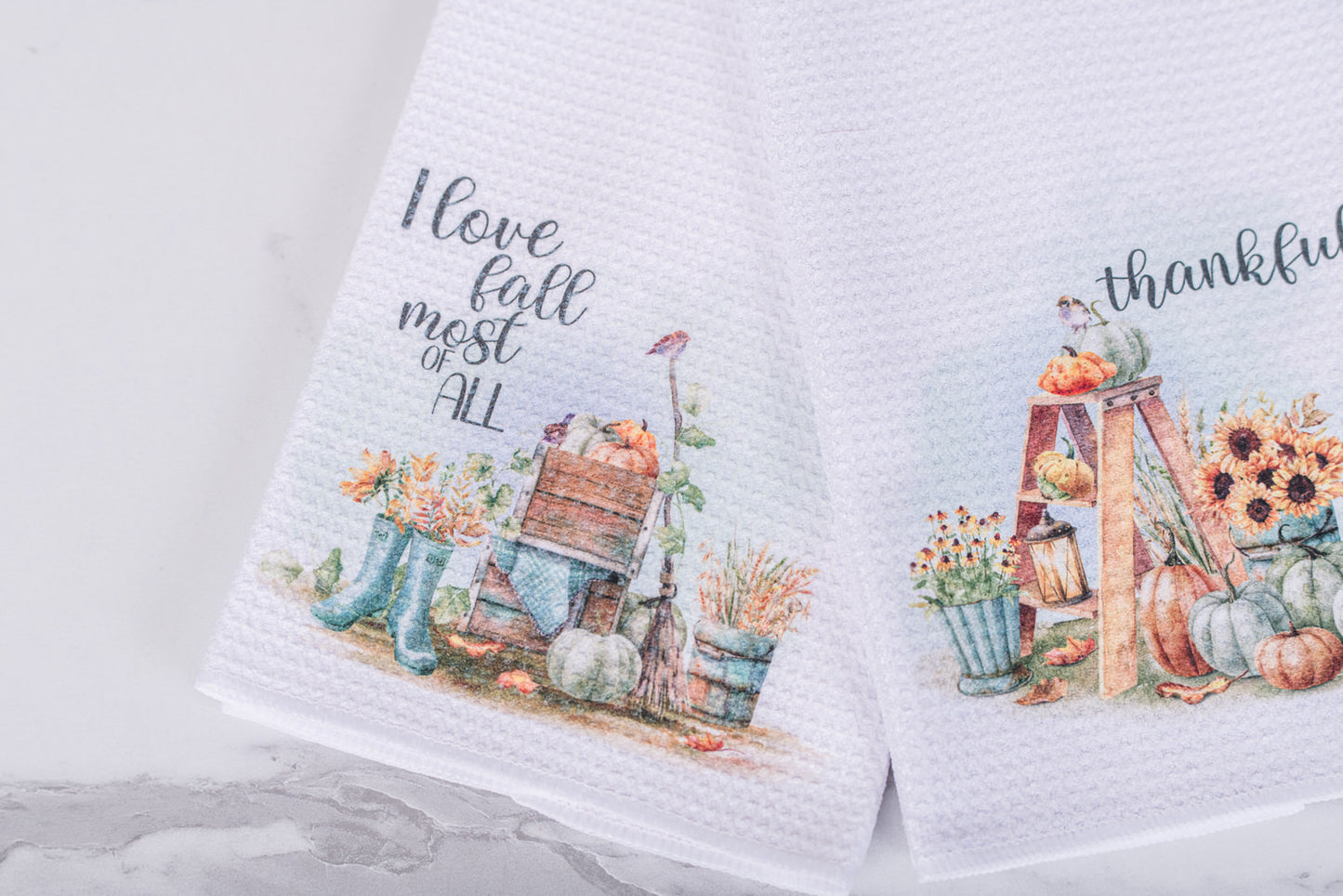 Pumpkin Patch Collection tea towels with seasonal fall artwork