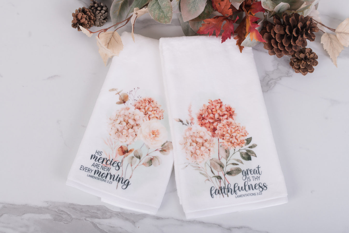 Christian hand towels with watercolor florals for seasonal guest bath