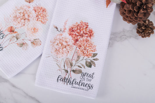 Spicy Floral scripture Great Is Thy Faithfulness tea towel with watercolor hydrangeas