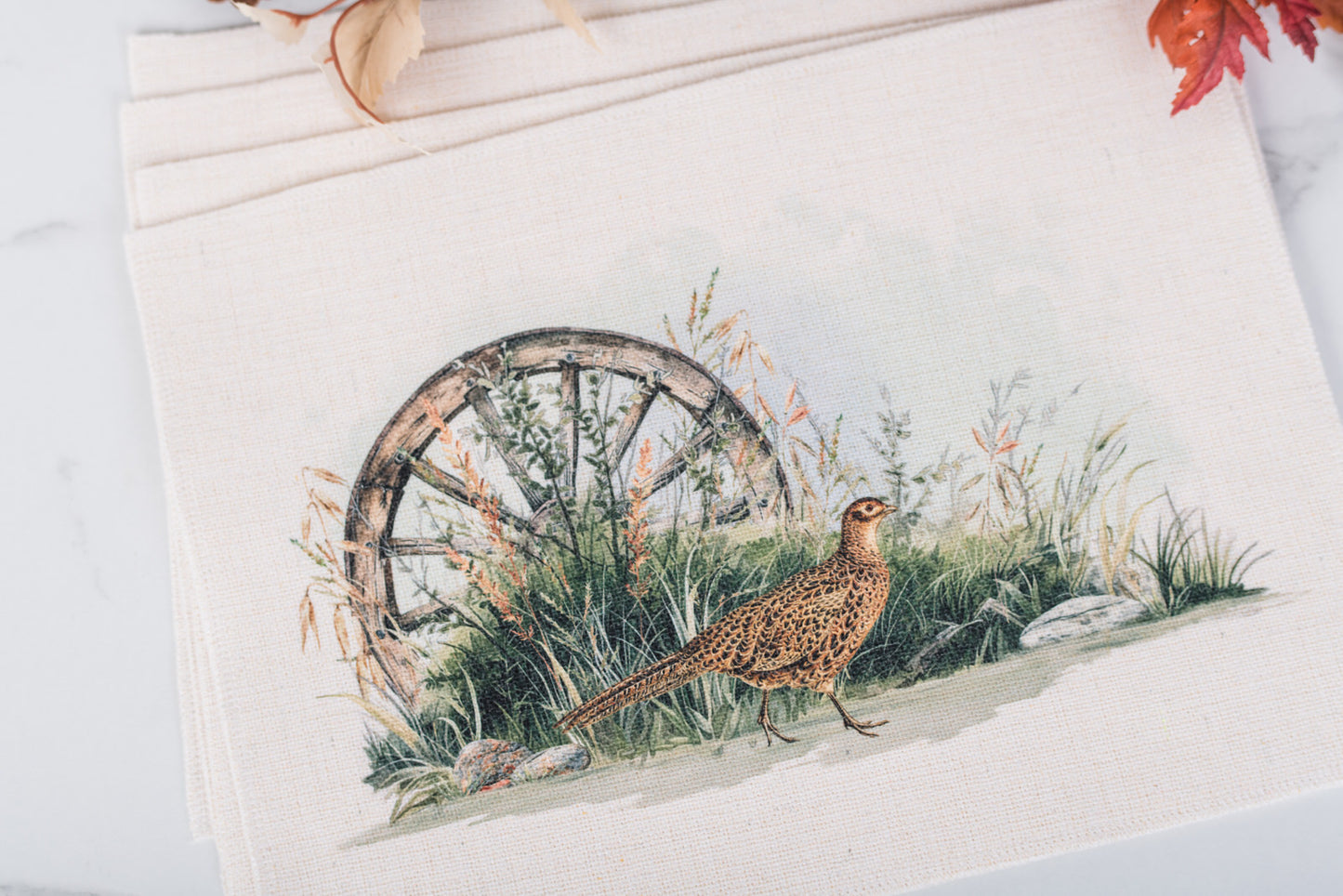 Rustic farmhouse placemats featuring pheasants