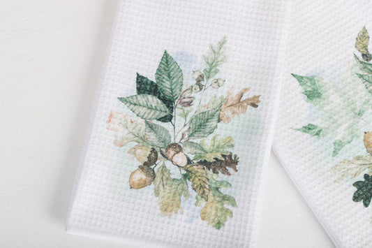 Neutral fall tea towels with watercolor oak leaves