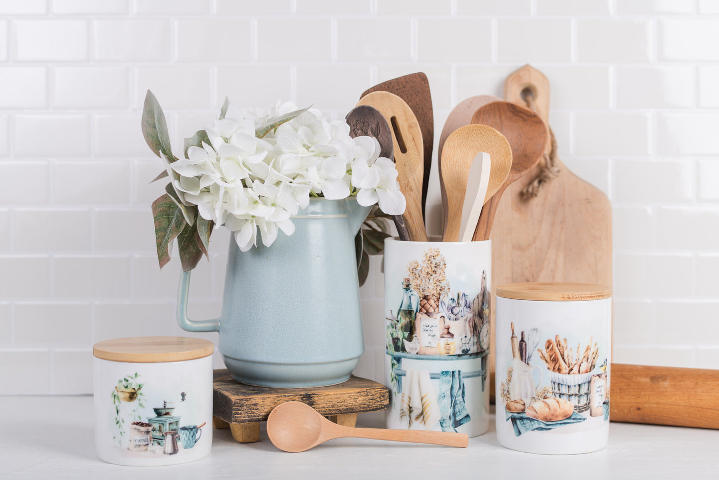 Hand-painted utensil holder with farmhouse kitchen decor accents