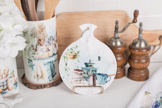 Round ceramic spoon tray with painted mug and grinder design