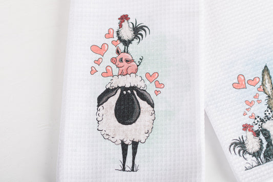 Whimsical Barnyard Valentine Tea Towels