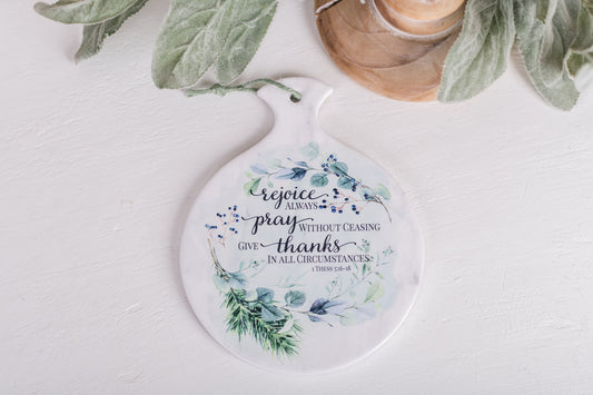 Round spoon rest with watercolor pine, berries, and scripture