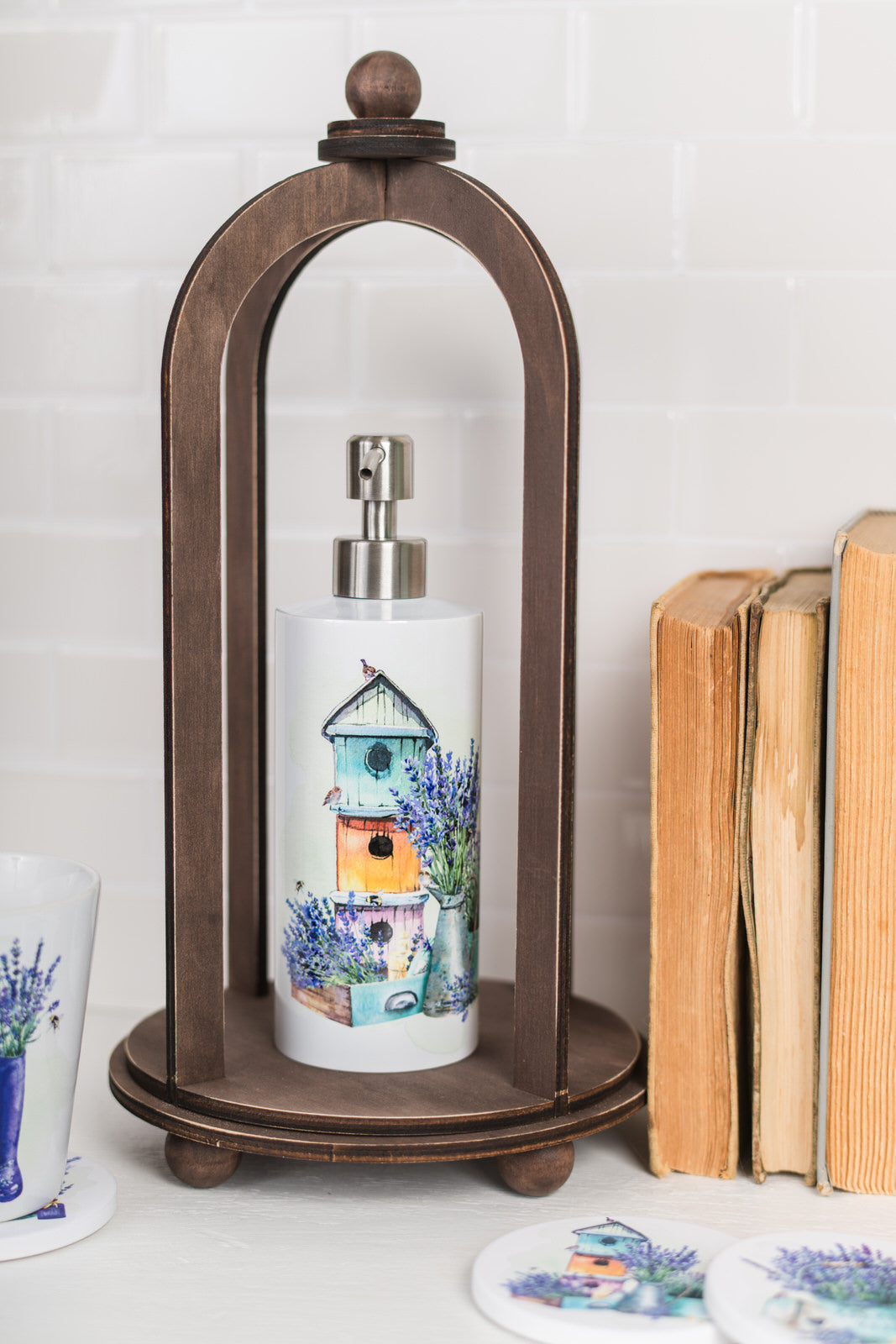 soap bottle on wooden display