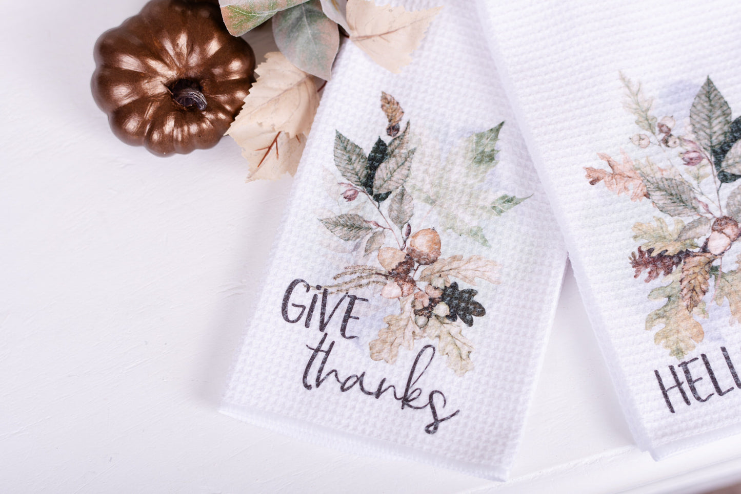 Woodland tea towel set with 'Give Thanks' messages on white background