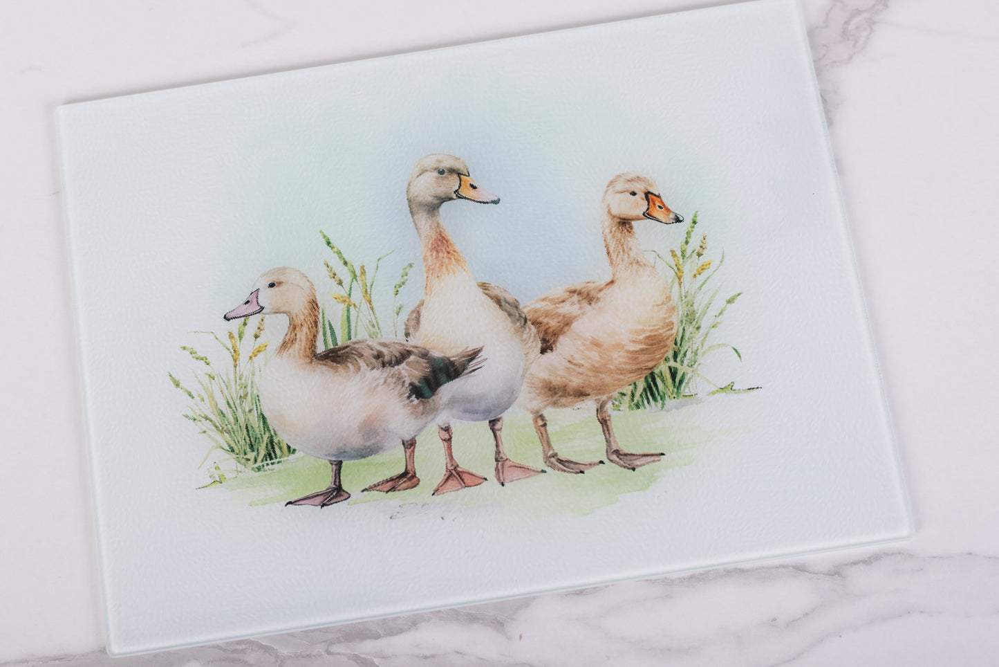 Duck glass cutting board on light marble background