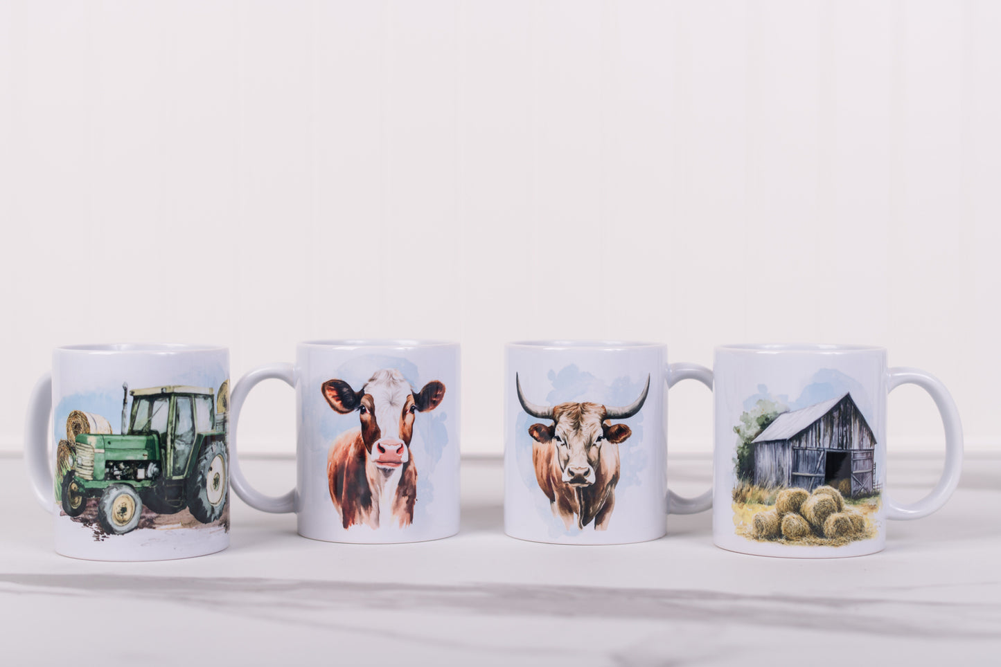 Homestead Collection farm scene coffee mugs with tractor cow and barn
