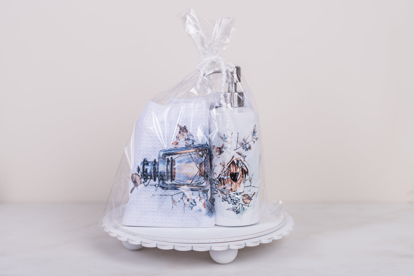 ready to give hostess bundle with a soap dispenser, and two winter tea, towels