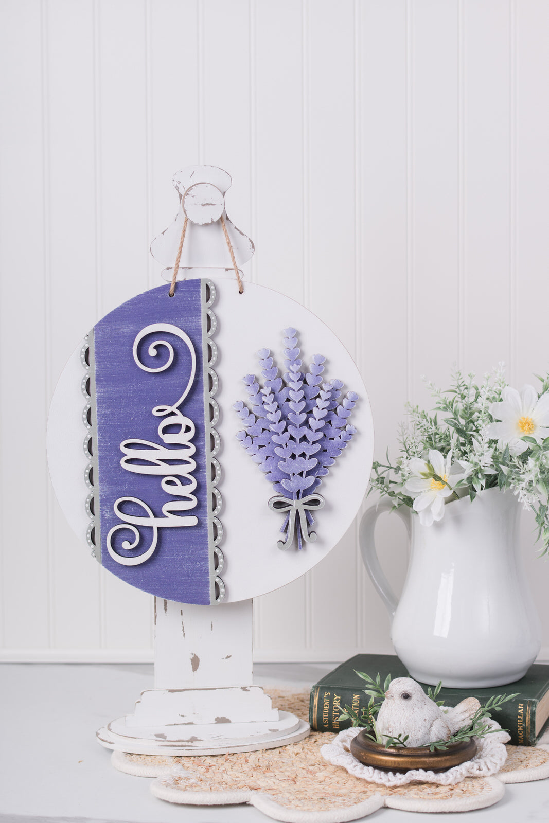 DIY lavender sign displayed on tabletop post stand