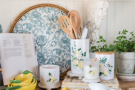 Lemon canisters, and a lemon utensil holder in a kitchen