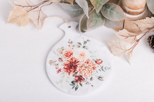 Cozy fall kitchen spoon tray with soft peach and rust blooms