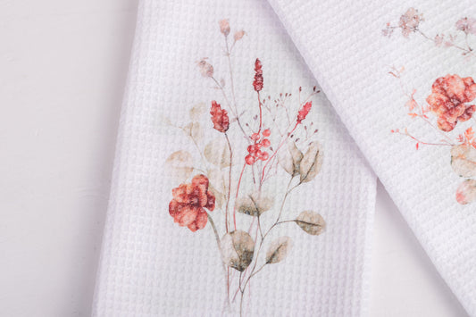 Autumn floral kitchen towel with hydrangeas in cozy tones