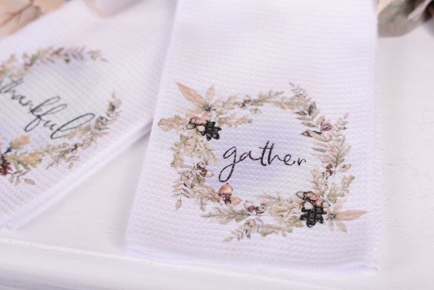 neutral fall waffle weave tea towel with the words gather