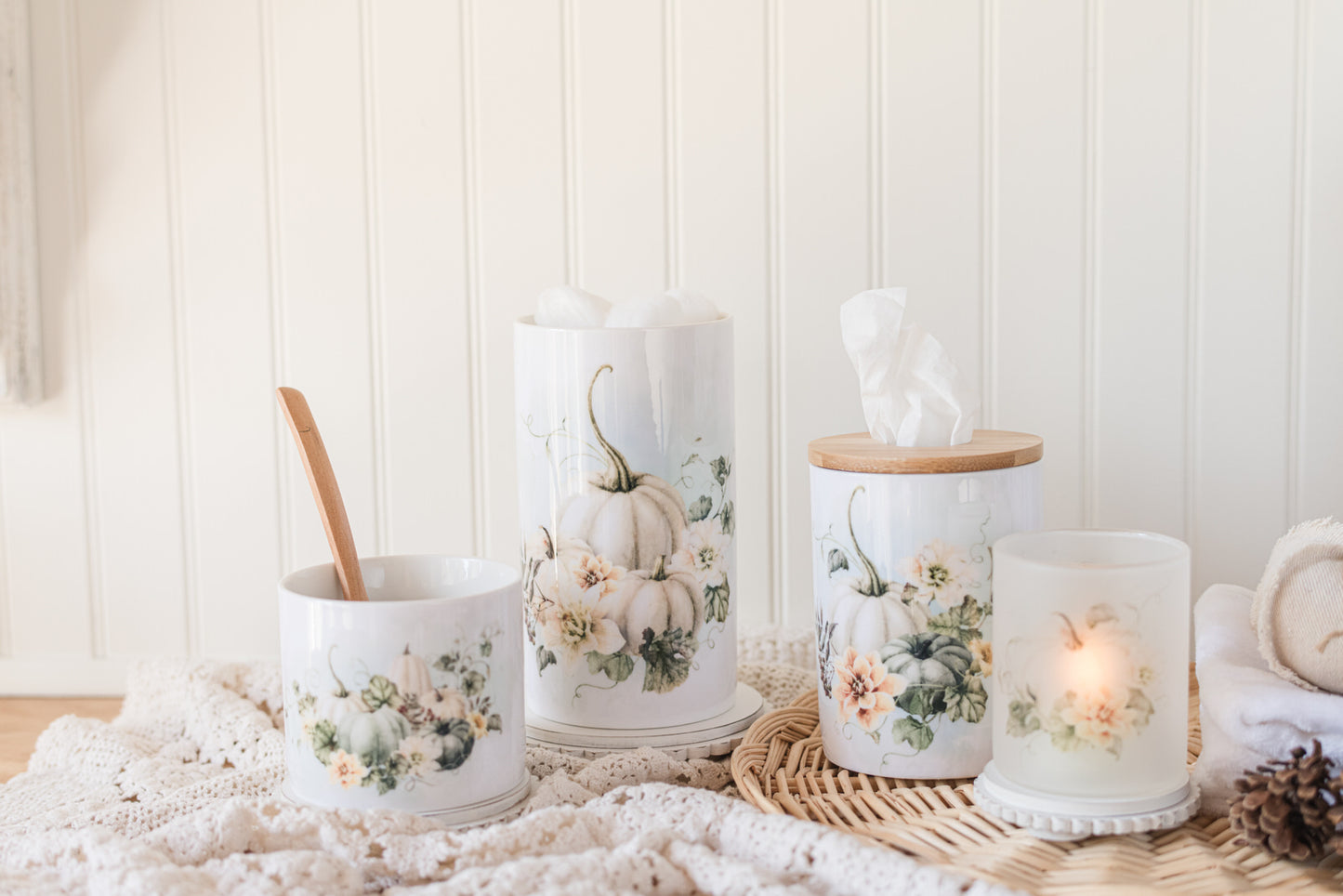 Fall storage jar for bath salts or cotton balls