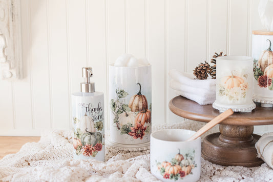 Fall kitchen or bathroom soap dispenser with pumpkins and mums, styled with matching canisters