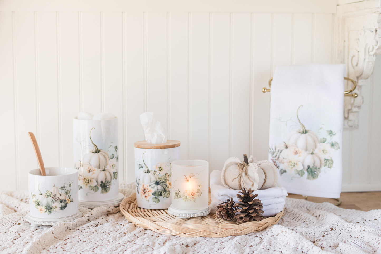 Cozy white pumpkin containers for seasonal bathroom decor