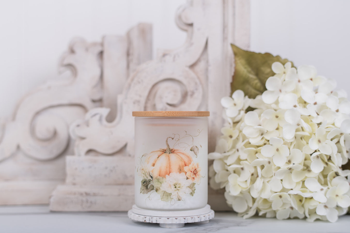 Extra small frosted glass jar with warm pumpkins and bamboo lid