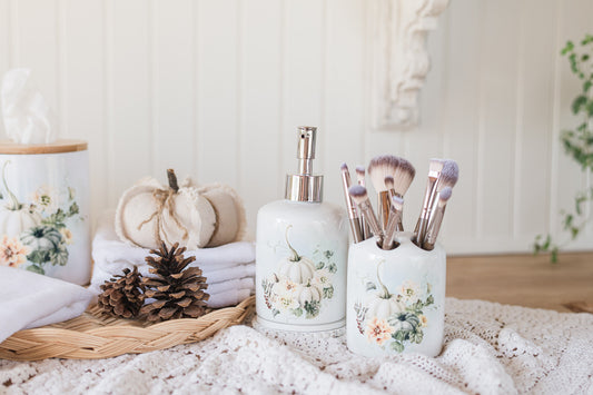 Cosmetic set: Vintage Autumn makeup brush holder or toothbrush holder with a coordinating soap dispenser for a fall bathroom