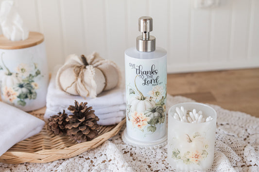 Stainless steel fall kitchen or bathroom soap dispenser with “Give thanks to the Lord” scripture