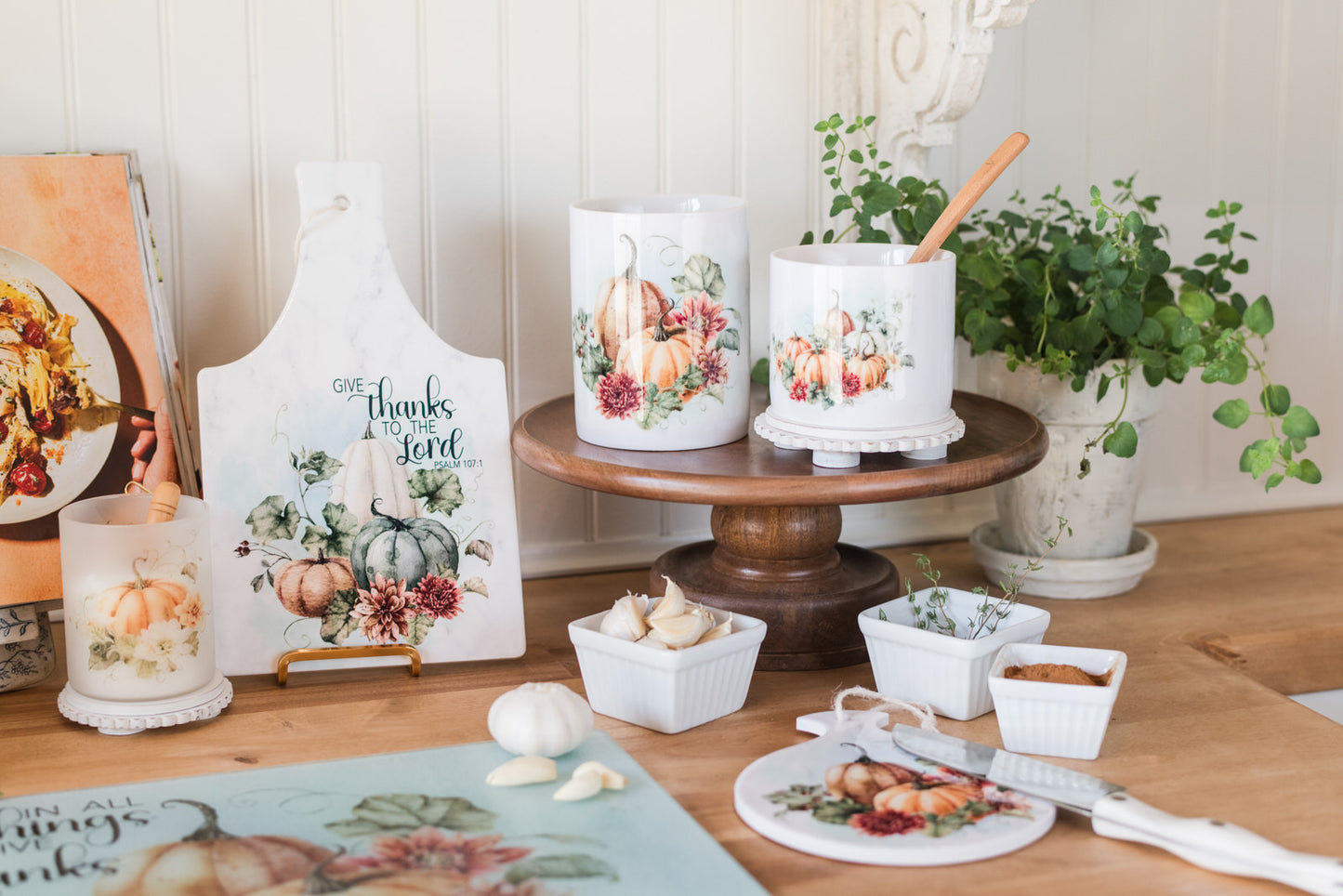 Vintage Autumn pumpkin canisters with sealed lids and coordinating decor