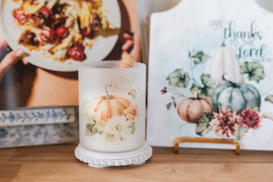 Vintage-style frosted fall jar on cozy autumn kitchen counter