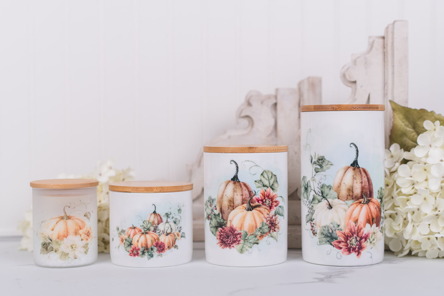 Fall kitchen storage jars for salt, tea , coffee and more with autumn design