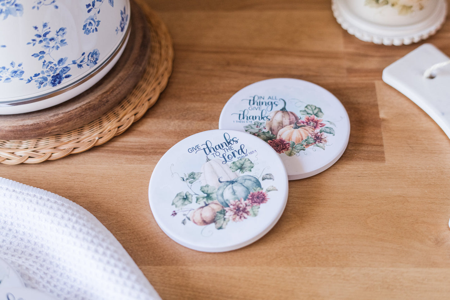 Set of 4 ceramic coasters with autumn Bible verses