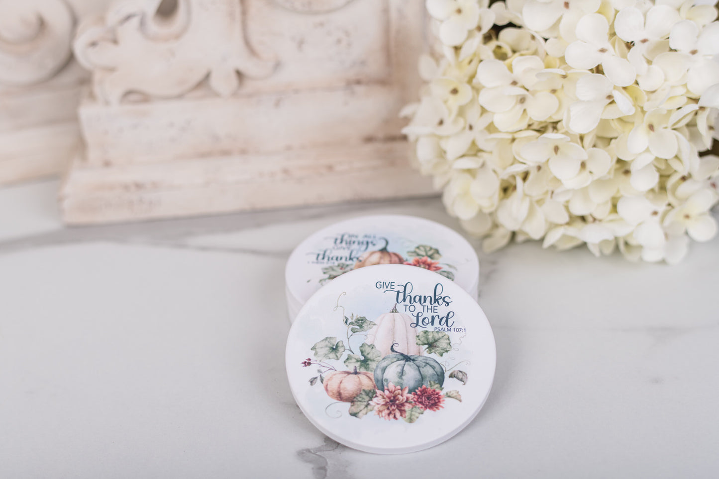 Round Christian coasters for Thanksgiving coffee table