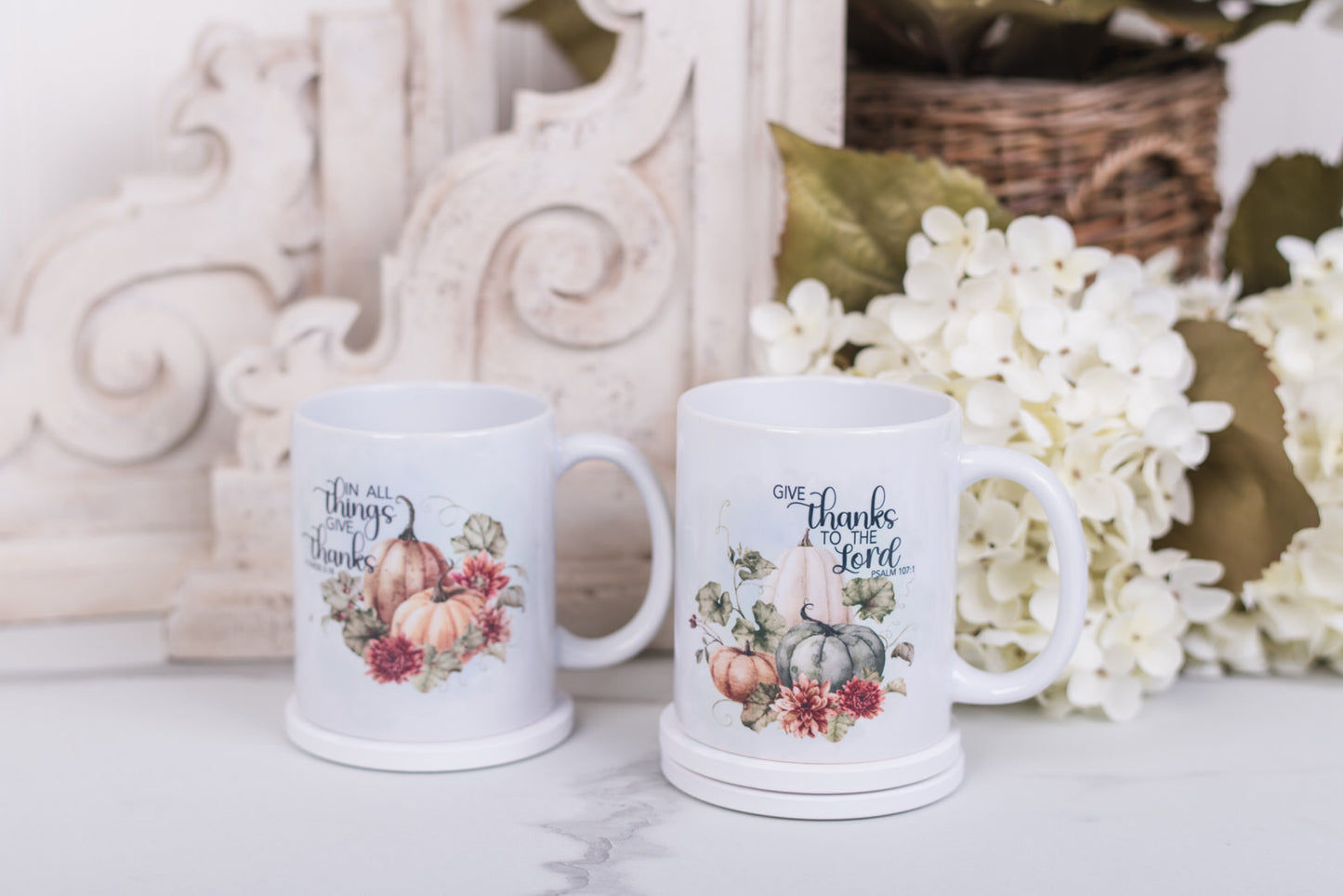 Scripture fall mugs with watercolour pumpkins and florals