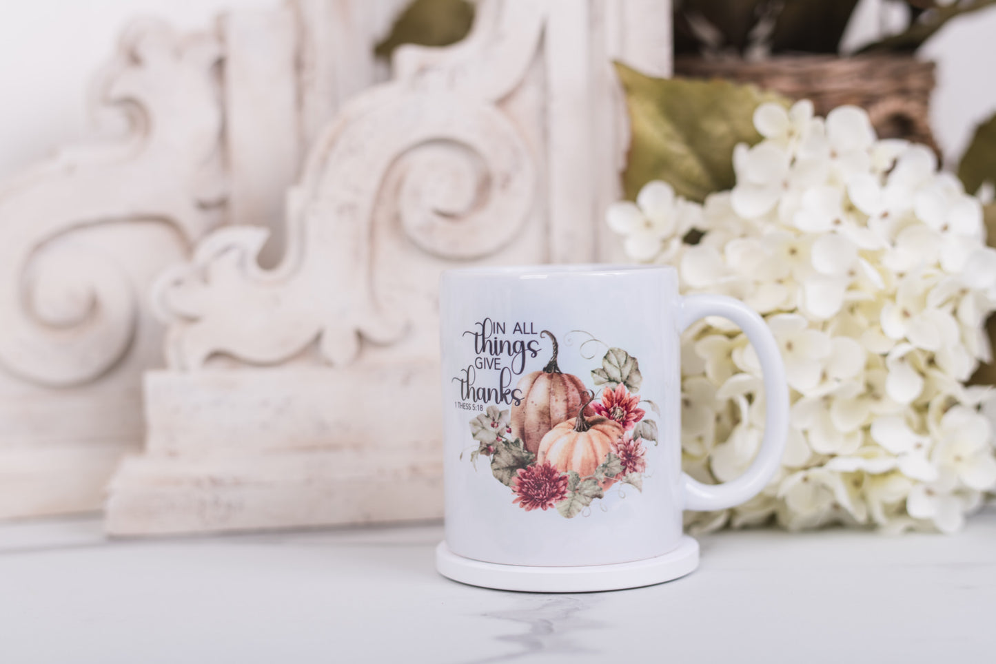 Christian autumn mug with “In all things give thanks”