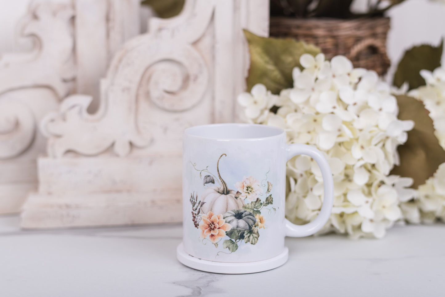 Soft fall pumpkin mug with ivory florals on white ceramic