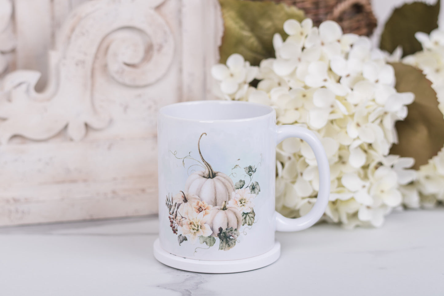 Cozy cottage-style fall mug for coffee or tea