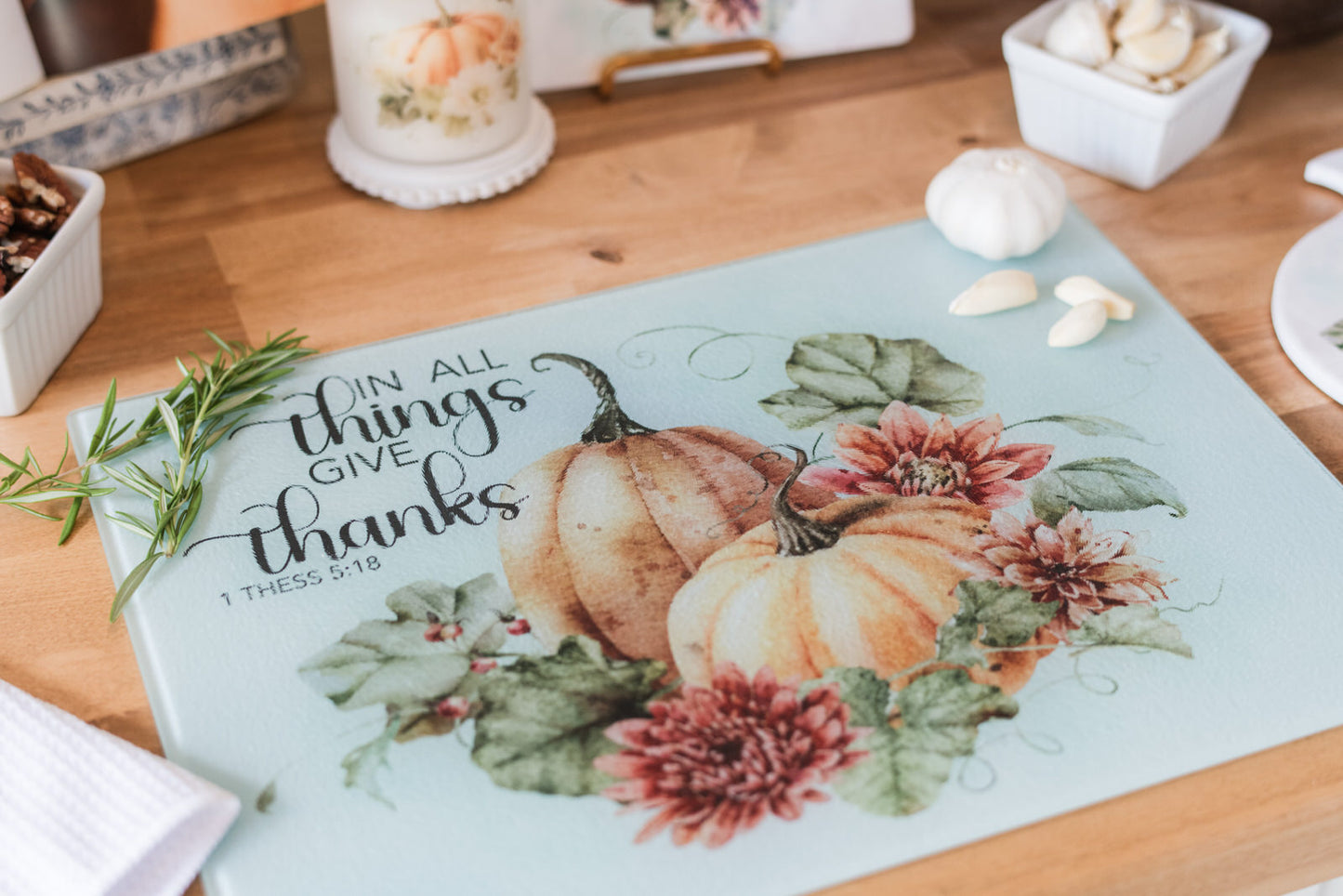 Autumn scripture cutting board featuring pumpkins and fall florals.