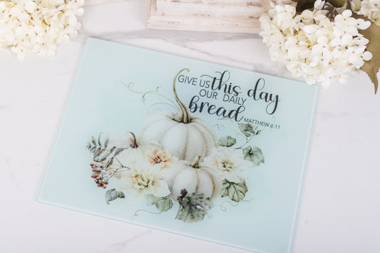 Autumn cutting board with watercolour pumpkins and soft florals