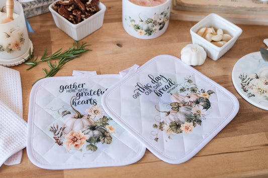 Christian fall potholders with “gather here” and “daily bread” verses