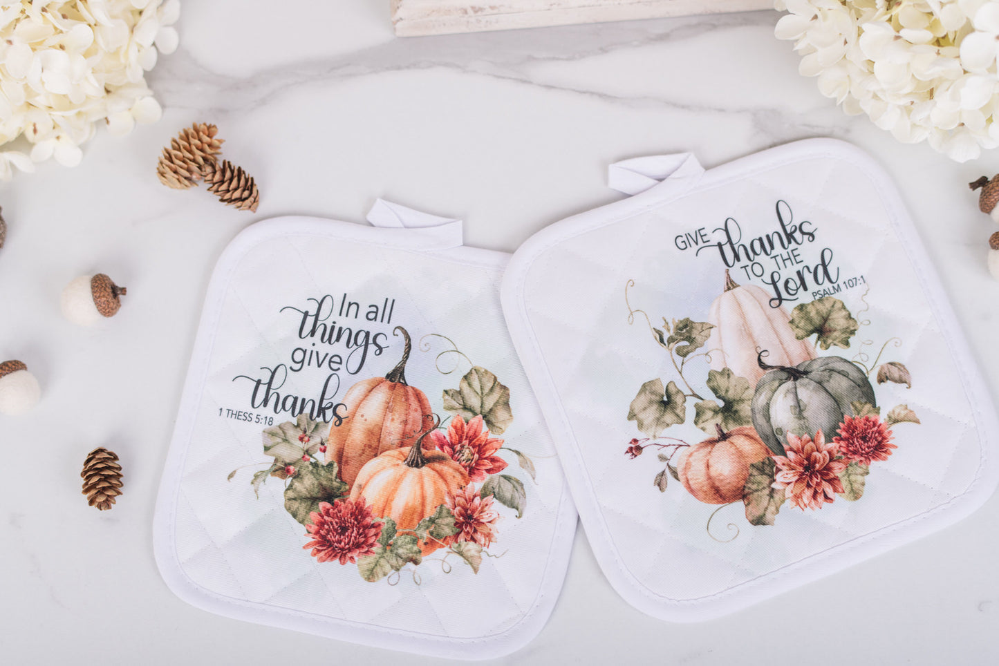 Quilted fall potholders with autumn florals and bible verses; In All Things Give Thanks