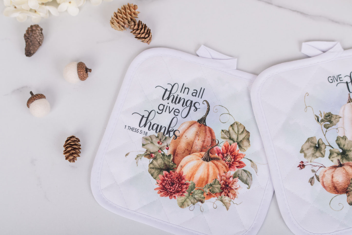 In all Things Give Thanks, 1 Thessalonians 5:18, verse on pot holders for fall.