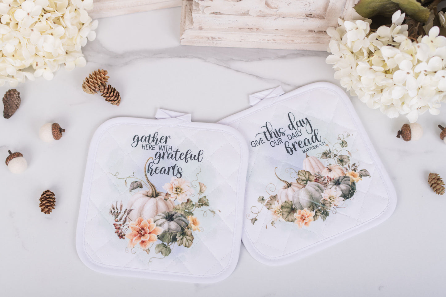 Fall potholder set with soft watercolor pumpkins and scripture