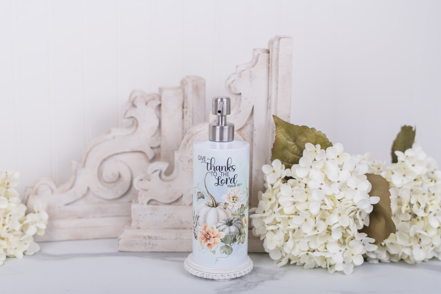 Soft watercolour pumpkin soap dispenser with scripture for kitchen or bathroom